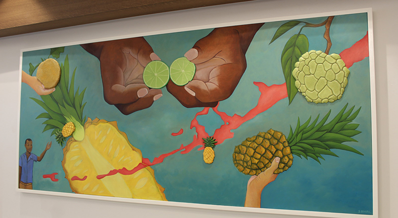 Sally Binard- "The Bounty of Plantation Key"  Multimedia acrylic and oil paint, clay forms on wood